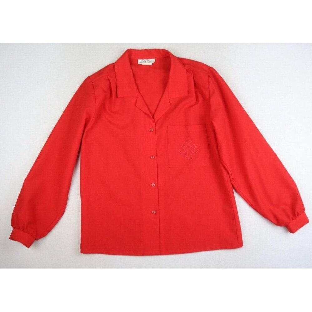 VINTAGE WOMEN'S RED LONG SLEEVE BUTTON-UP BLOUSE - LUCKY WINNER  - SIZE 12